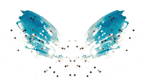 Silver glittering stars on abstract blue watercolor wings on white
