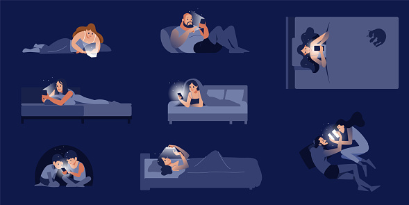 A collection of cute people lying on the bed talking on the phone. Lots of men and women chatting on social networks. Colorful flat cartoon style isolated vector illustration
