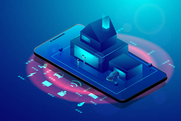 istock Smart home technology concept. Isometric smartphone and house with iot wireless icons electronics on blue background. Vector illustration in 3d style. 1183043459