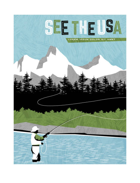 Retro style travel poster design for the United States.  Man fly fishing in stream with mountain backdrop. Retro style travel poster design for the United States.  Man fly fishing in stream with mountain backdrop. Limited colors, no gradients, texture overlay. Vector illustration. fisher role illustrations stock illustrations