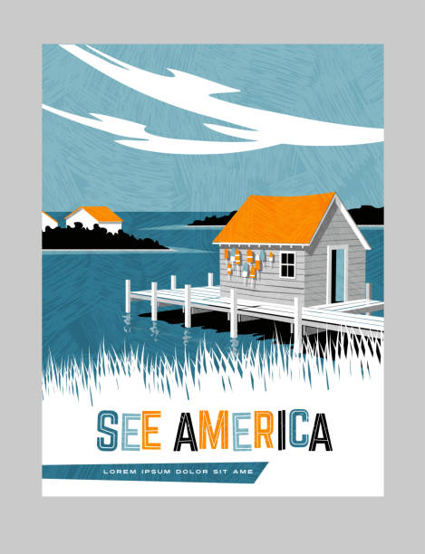 ilustrações de stock, clip art, desenhos animados e ícones de retro style travel poster design for the united states. generic image of boathouse on east coast. - fishing hut