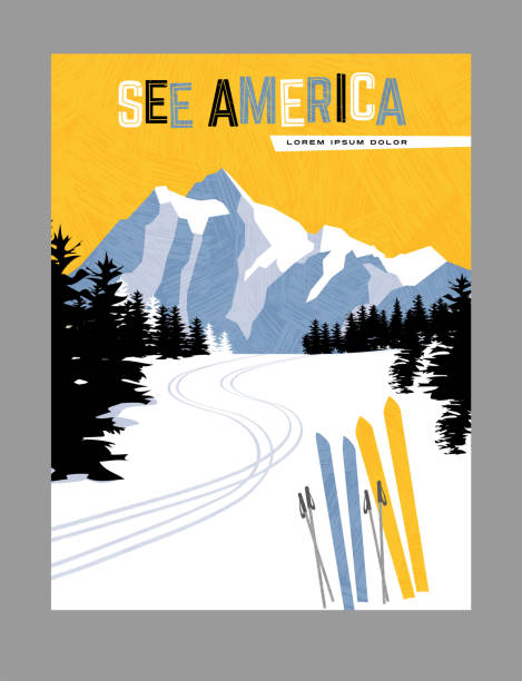 アメリカのレトロスタイルの旅行ポスターデザイン。 山の中で滑降スキー。 - ウィンタースポーツ点のイラスト素材／クリップアート素材／マンガ素材／アイコン素材