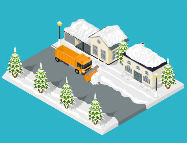 Snow Removal from Road Scene Concept 3d Isometric View. Vector Snow Removal from Road Scene Concept 3d Isometric View Include of Snowplow Machine and Home. Vector illustration snow storm city stock illustrations