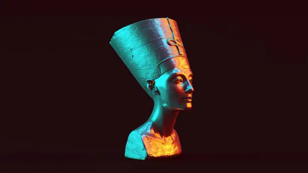 Photo of Silver Bust of Nefertiti with Red Orange and Blue Green Moody 80s lighting 3 Quarter Right View