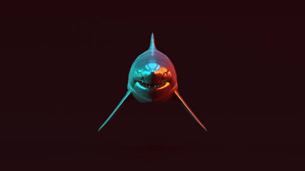istock Silver Great White Shark with Red Orange and Blue Green Moody 80s lighting Front View 1183045745