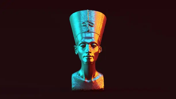 Silver Bust of Nefertiti with Red Orange and Blue Green Moody 80s lighting Front View 3d illustration 3d render