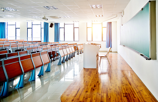 Desks and chairs in a lecture hall