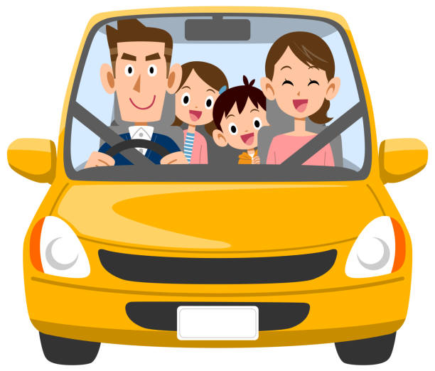 ilustraciones, imágenes clip art, dibujos animados e iconos de stock de familia saliendo en coche - family in car