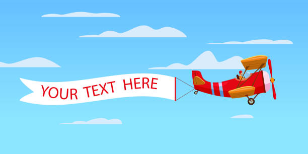 istock Red retro airplane aircraft with advertising banner ribbon in the cloudy sky. Vector isolated illustration 1183048347