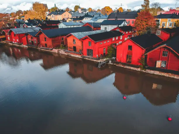 Aerial view of the old red house and barns by the river. Photo taken from a drone. Finland, Porvoo