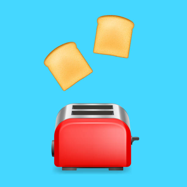 ilustrações de stock, clip art, desenhos animados e ícones de realistic detailed 3d glossy toaster with bread on a blue. vector - torradeira
