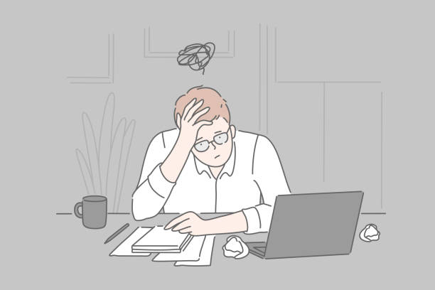 Bankruptcy, burnout, collapse concept. Bankruptcy, burnout, collapse, business concept. Tired frustrated young man businessman in psychological stress at the end of the day in the office. Problems, unsolved cases. Brainstorming. Simple flat vector. mental burnout illustrations stock illustrations