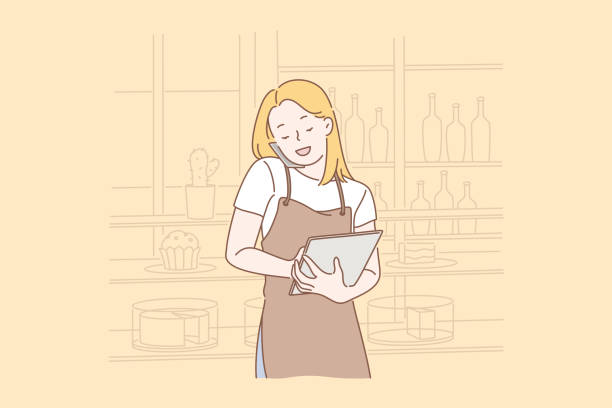 Order food online concept. Order food online concept. Young happy businesswoman takes an order from a customer or makes an order from a supplier. Start of working day. Simple flat vector. small business owner stock illustrations