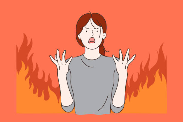 Menstrual pain, stress concept. Menstrual pain, aggression, stress concept. Young woman or girl on the verge of psychological breakdown. Teenager in Puberty. Crazy. Relationship tension. Simple flat vector. shouting illustrations stock illustrations