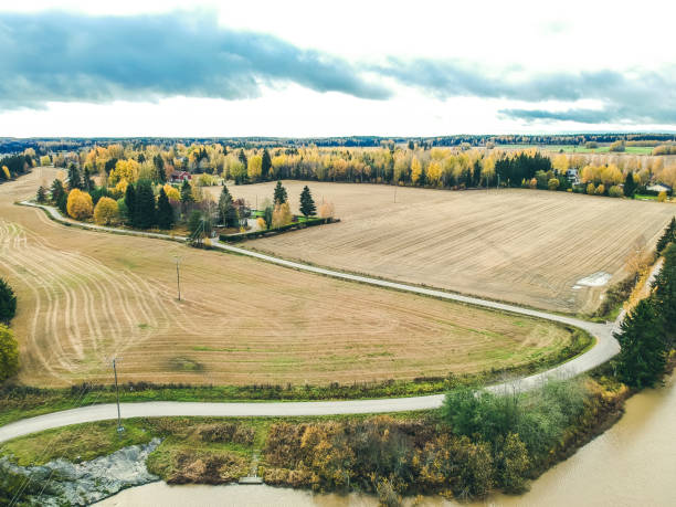 vista aérea de campos y bosques. foto tomada de un dron. finlandia, pornainen. - shed cottage hut barn fotografías e imágenes de stock