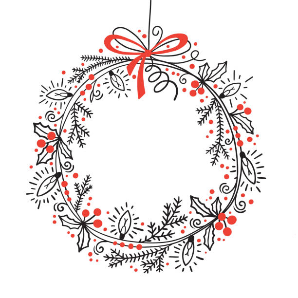 モミの枝、ホリー、花輪ライトのクリスマスのお祝いの花輪。グラフィックベクトルイラスト - tracery点のイラスト素材／クリップアート素材／マンガ素材／アイコン素材
