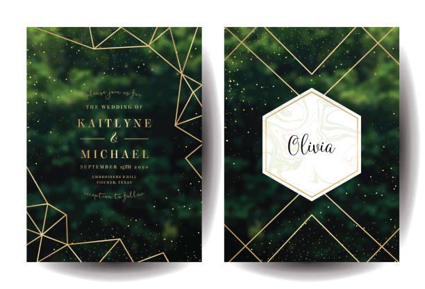 Green garden trees wedding invitation. Emerald greenery forest foliage vector background. Green garden trees wedding invitation. Summer leaves card texture. Golden line crystal art. Rustic style save the date.Elegant outdoor party template emerald green stock illustrations