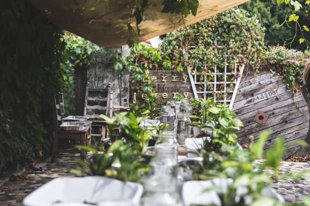 Ornamental garden in a private home with table set for a Kokedama class