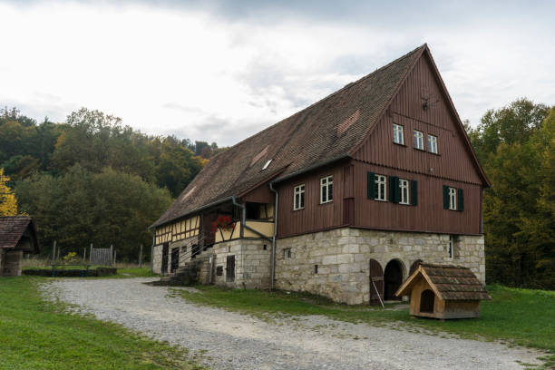Schwaebisch Hall, Wackershofen, Germany - 15 October 2019: View from a half timbered house in a german village.  A village street in the foreground