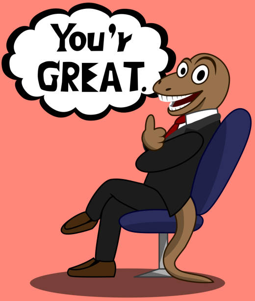 Vector illustration of a brown funny face  Komodo dragon.  It wears suit and sitting on a blue chair. It is smiling and Compliment by saying " You' r GREAT". It has pink background. Vector illustration of a brown funny face  Komodo dragon. 
It wears suit and sitting on a blue chair. It is smiling and Compliment by saying " You' r GREAT". It has pink background. komodo dragon drawing stock illustrations