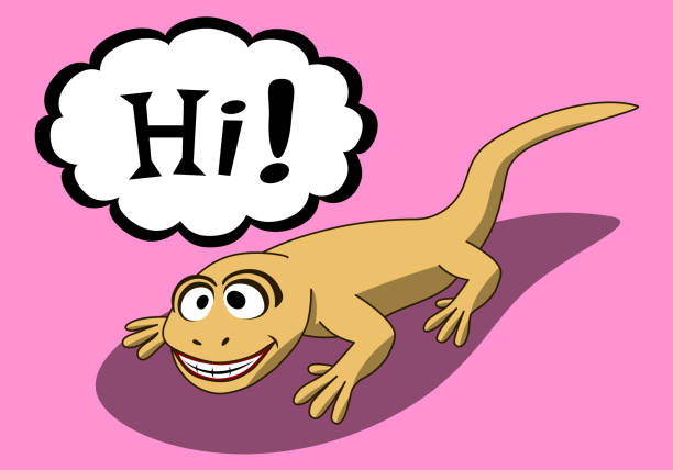 Vector illustration of a funny face light brown lizard. It is smiling and say hi. It is on a purple background. There is a white text input box with black border on the top. Vector illustration of a funny face light brown lizard. It is smiling and say hi. It is on a purple background. There is a white text input box with black border on the top. komodo dragon drawing stock illustrations