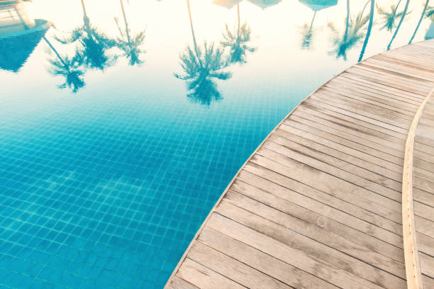 istock Wooden walkway beside swimming pool 1183058179