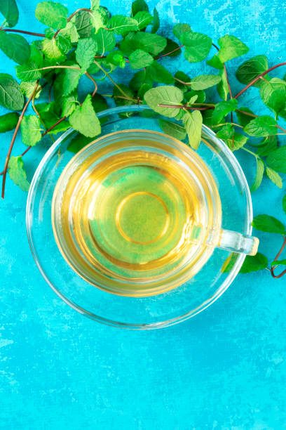 istock Mint tea cup, shot from above on a blue background with vibrant fresh mint leaves and copyspace 1183060962