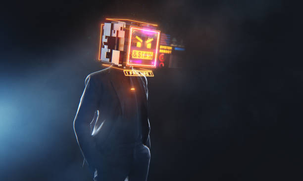Conceptual Businessman with angry emoji expression Futuristic 3D render of a businessman with digital monitor head with failure message and glitches. angry emoji stock pictures, royalty-free photos & images