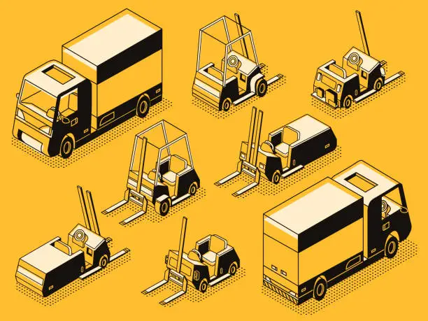 Vector illustration of Cargo truck and loading machines line vector set