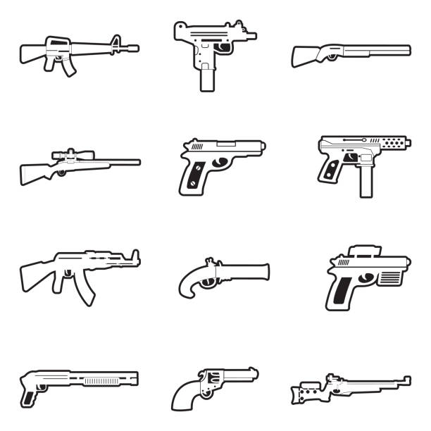 ilustraciones, imágenes clip art, dibujos animados e iconos de stock de iconos de armas de fuego. línea con diseño de relleno. ilustración vectorial. - gun violence