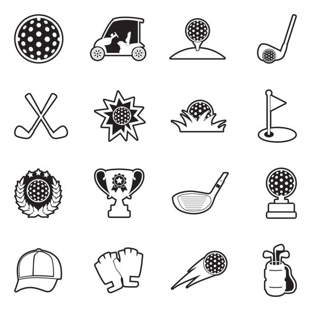 illustrazioni stock, clip art, cartoni animati e icone di tendenza di icone del golf. linea con design di riempimento. illustrazione vettoriale. - outline cart golf golf course