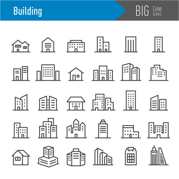 illustrations, cliparts, dessins animés et icônes de icônes de bâtiment - série de ligne de grande - immeuble