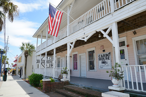 Tybee Island, Savannah, Georgia, USA - May/09/2015: main street with bed and breakfast.