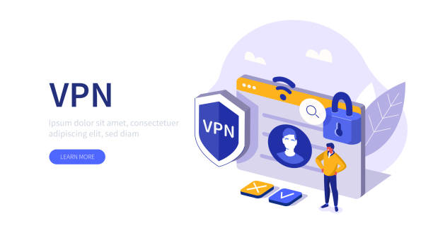vpn People Character Standing near Secure Web Page and Virtual Private Network sign. Man using VPN Service to Protect his Personal Data. Privacy Protection concept. Flat Isometric Vector Illustration. vpn stock illustrations