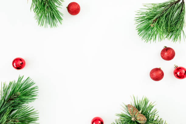 istock Christmas frame of evergreen tree branches and balls decoration on white background. Flat lay, top view 1183074855