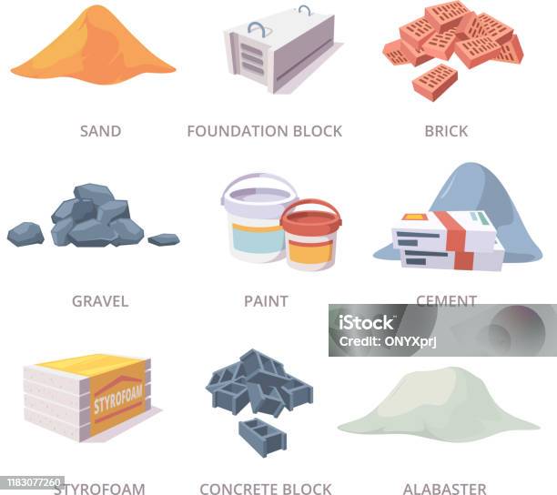 Builder Materials Construction Tools Pile Bricks Gypsum Cement Sand Vector  Materials Collection In Cartoon Style Stock Illustration - Download Image  Now - iStock