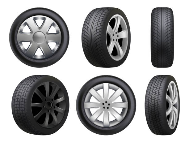 Wheels realistic. Tyres road maintenance vector automobile 3d automobile items collection Wheels realistic. Tyres road maintenance vector automobile 3d automobile items collection. Auto wheel tyre, equipment item for car, realistic black rubber tyre illustration tired stock illustrations