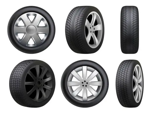 Vector illustration of Wheels realistic. Tyres road maintenance vector automobile 3d automobile items collection