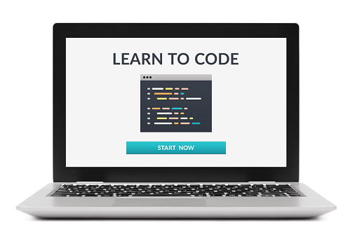 Learn to code concept on laptop computer screen. Isolated on white background.