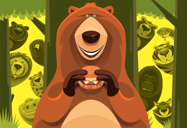 niedźwiedź trzyma hamburgera w dżungli - tiger lion leopard cartoon stock illustrations