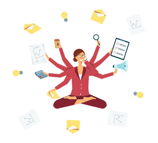 Business woman multitasking during manager job, female hard worker with many arms Business woman multitasking during manager job, female hard worker with many arms busy with phone, coffee, papers. Relaxed happy cartoon character handling stress, isolated flat vector illustration juggling stock illustrations