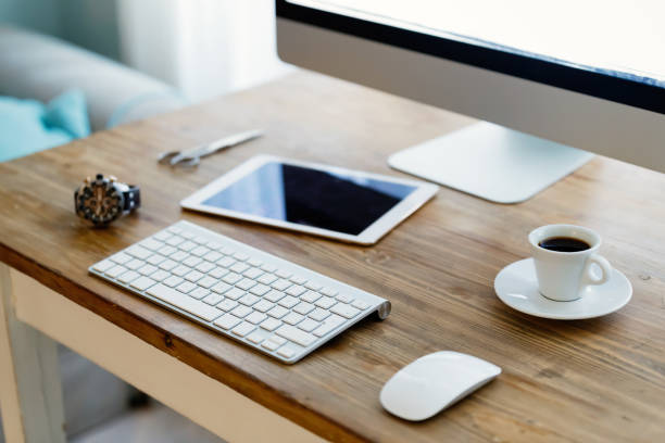 istock Picture of office desk with tablet computer and other accessories 1183080909