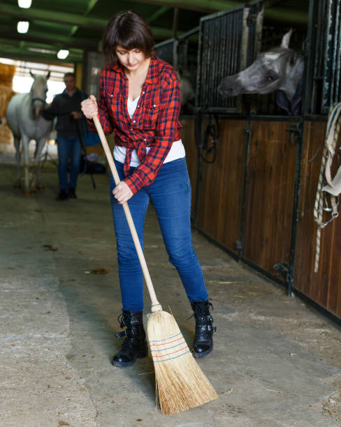 istock Woman sweeping floor at horse stable 1183081912