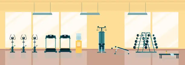Vector illustration of Gym interior with treadmill, abdominal bench and barbells vector illustration.
