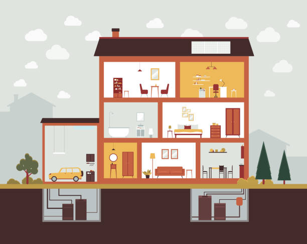 홈 인테리어 디자인과 가구와 큰 집 컷 섹션 - cross section house built structure apartment stock illustrations