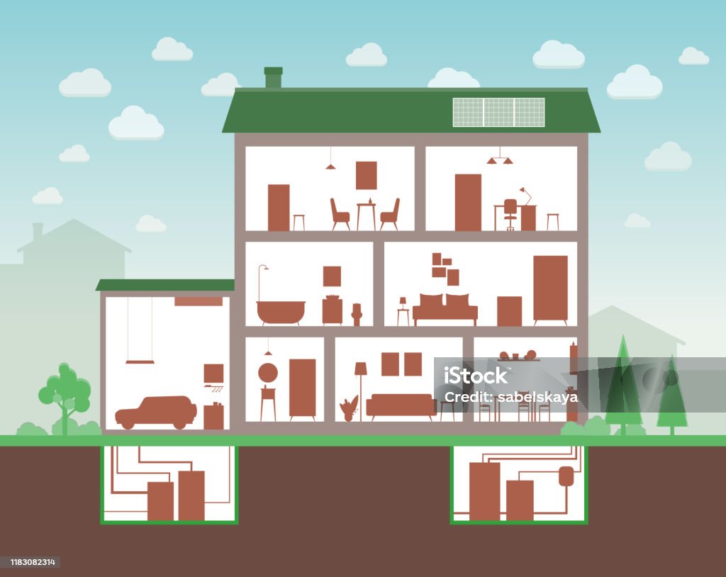 House Cut With Inside Interior View Cartoon Home Section Of Three Floor  Building And Furniture Outline Stock Illustration - Download Image Now -  iStock
