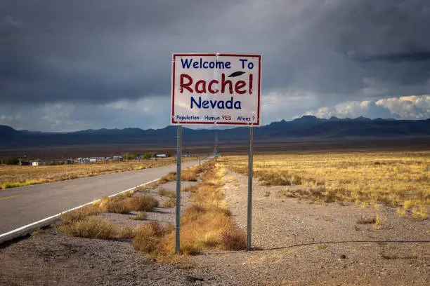 Welcome to Rachel street sign on SR-375 in Nevada, also known as the Extraterrestrial Highway. Situated close to the Nellis Air Force Range and Area 51, Rachel is popular among UFO hunters.