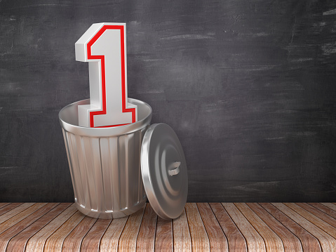 Trash Can with Number One on Chalkboard Background - 3D Rendering