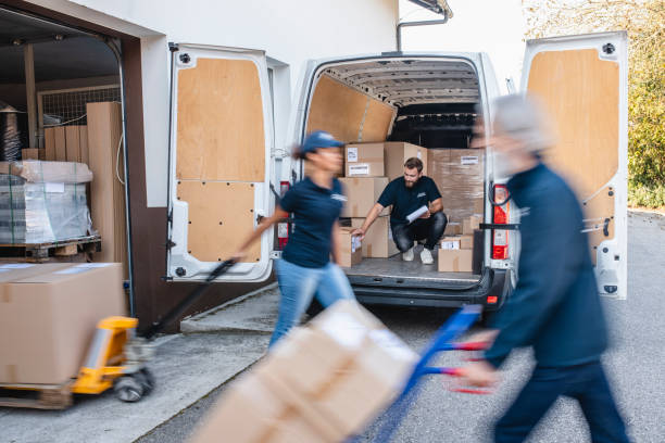 istock Three Person Independent Gig Delivery Team Managing Parcels 1183087701
