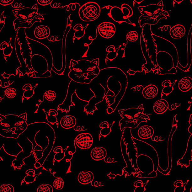 Cats with clews and mice. Hand-drawn seamless pattern. Bright outline, doodle.